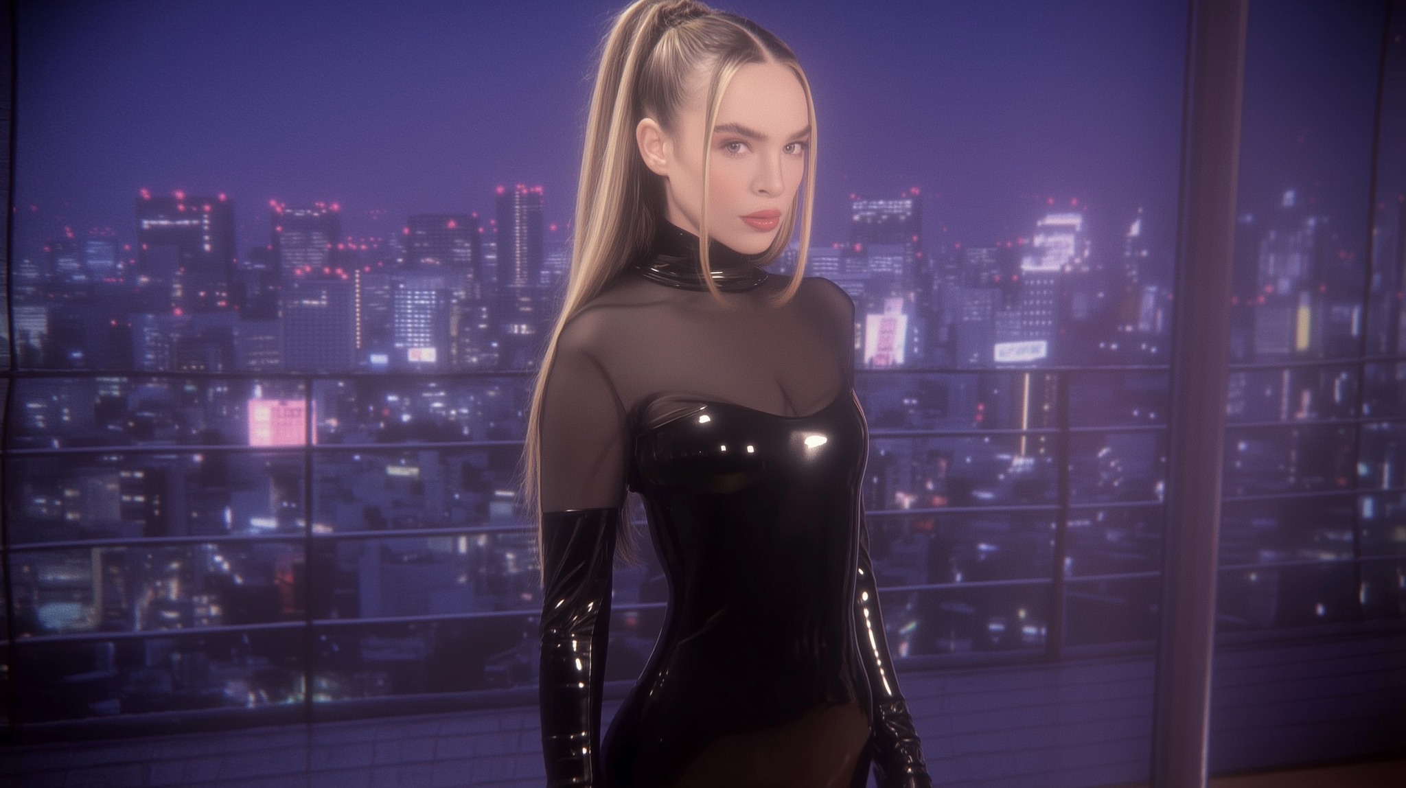 make this woman in different scenes for a music video in a futuristic city, wearing a futuristic black full suit --ar 91:51 --raw --sref https://s.mj.run/Y1aQ2mQ8gps --stylize 0 --v 7 Job ID: 541baa9a-5ebb-467e-b412-7b4955d851db